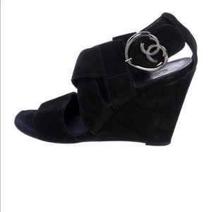 CHANEL CC Suede Wedge Sandals